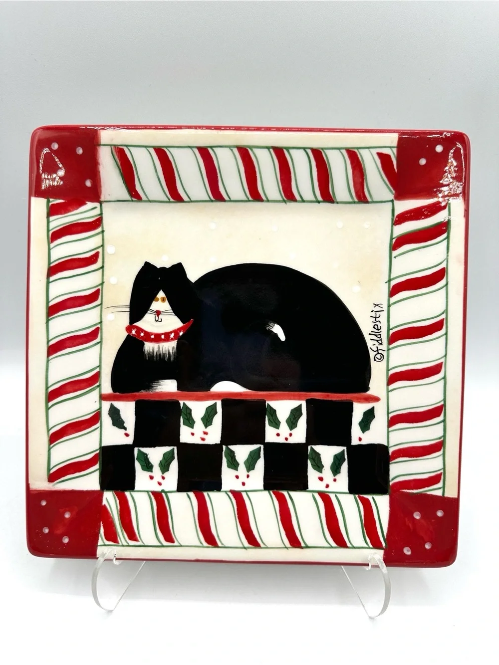 Oneida Christmas Candy Cane Cats. Dessert plates 8 x 8”